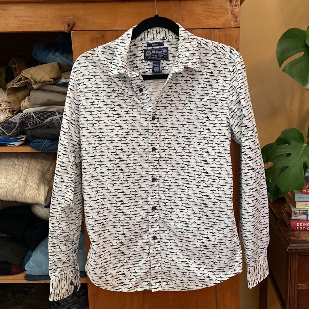COPY - Cool shark (or is it dolphin) print long sleeve woven cotton buttondown …